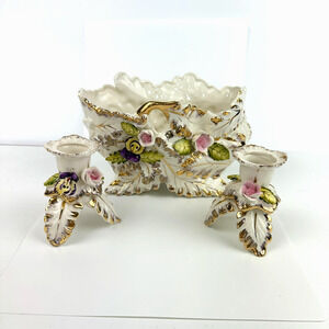 Vtg Wales Hand Painted Porcelain Centerpiece Bowl w/Matching Candle Holders READ